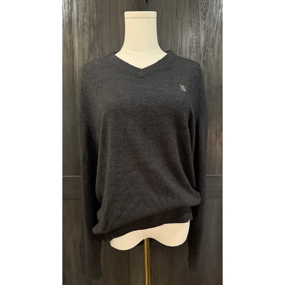 US Polo Assn Womens Charcoal Gray V-Neck Knit Sweater Logo Large